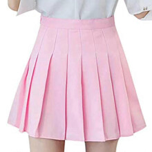 (Pink, XS A) Girls Women High Waisted Plain Pleated Skirt Skater Tennis School Uniforms A-line Mini Skirt With