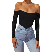 (Small,Black)Women's Mesh Sheer Lace Puff Corset Crop Top Off Shoulder Sexy Pleated Chiffon Bustier For Cute Women Trendy - PJ