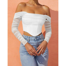(Small,White)Women's Mesh Sheer Lace Puff Corset Crop Top Off Shoulder Sexy Pleated Chiffon Bustier For Cute Women Trendy - PJ