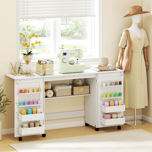 Homcom HOMCOM Folding Sewing Table with 2 Magnetic Doors, Storage Shelf, White