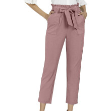 Women's Hight Waisted Work Pants Cropped Paper Bag-Apricot XL