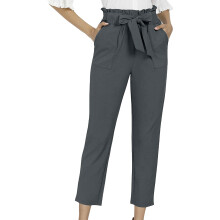 Women's Hight Waisted Work Pants Cropped Paper Bag-Dark Grey M