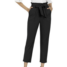 Women's Hight Waisted Work Pants Cropped Paper Bag-Black S