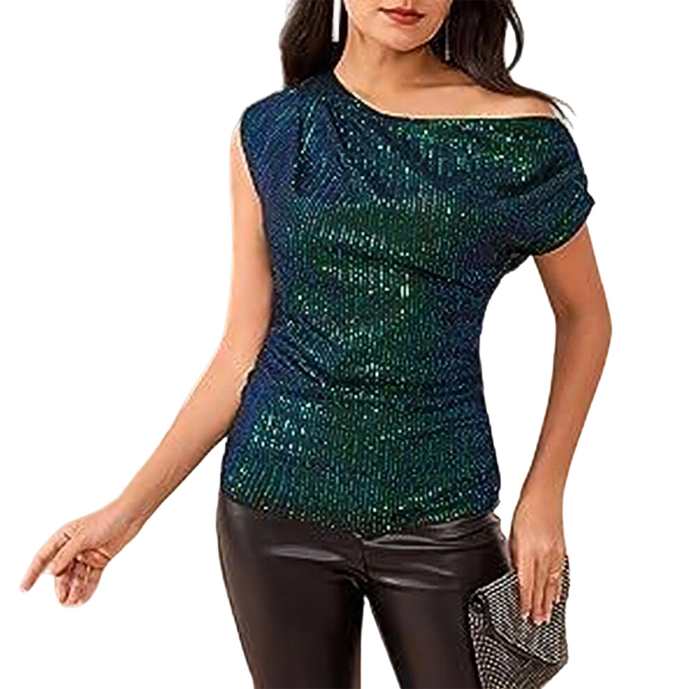 Elegant Asymmetrical One Shoulder Sequined Top Sparkly-S XXL