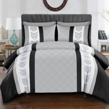 (Double, Grey & Black) Double Brushed Microfiber Duvet Cover Set Reversible Design with Zipper Closure and Corner Ties