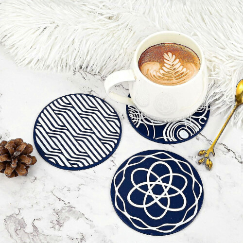 8 Pieces Drink Coasters , Blue Round Silicone Rubber Cup Pad - Blue - DD 1