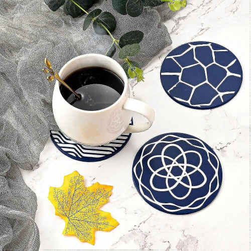 8 Pieces Drink Coasters , Blue Round Silicone Rubber Cup Pad - Blue - DD 2
