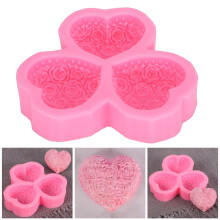 DIY Silicone Mold 3-Cavity Heart Rose Flower Chocolate Soap 14cm Pink