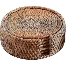 Rattan Woven Coasters Round Coasters Insulation Pads Desk Mats - 6 Pieces - PJ
