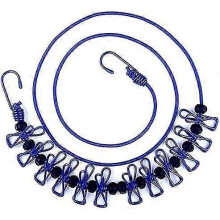 (Blue) Elastic Clothesline Windproof Outdoor Clothesline with 12 Wire Clips and Non-slip Buckl(Purple)