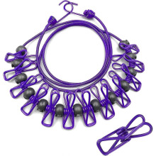 (Purple) Elastic Clothesline Windproof Outdoor Clothesline with 12 Wire Clips and Non-slip Buckl(Purple)