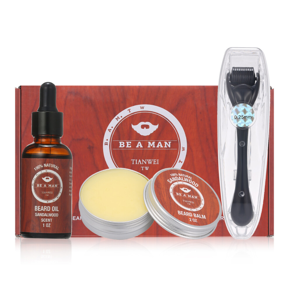 3 Pcs Menâs Beard Growth Kit with Roller, Oil & Balm â 30ml & 60g