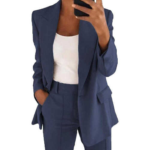 (S, Dark Blue) Womens 2pce Light Suit Blazer+trousers