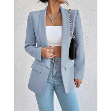 (light blue, XL) Women's Lapel Pockets Blazer Suit Long Sleeve Work Office Jacket