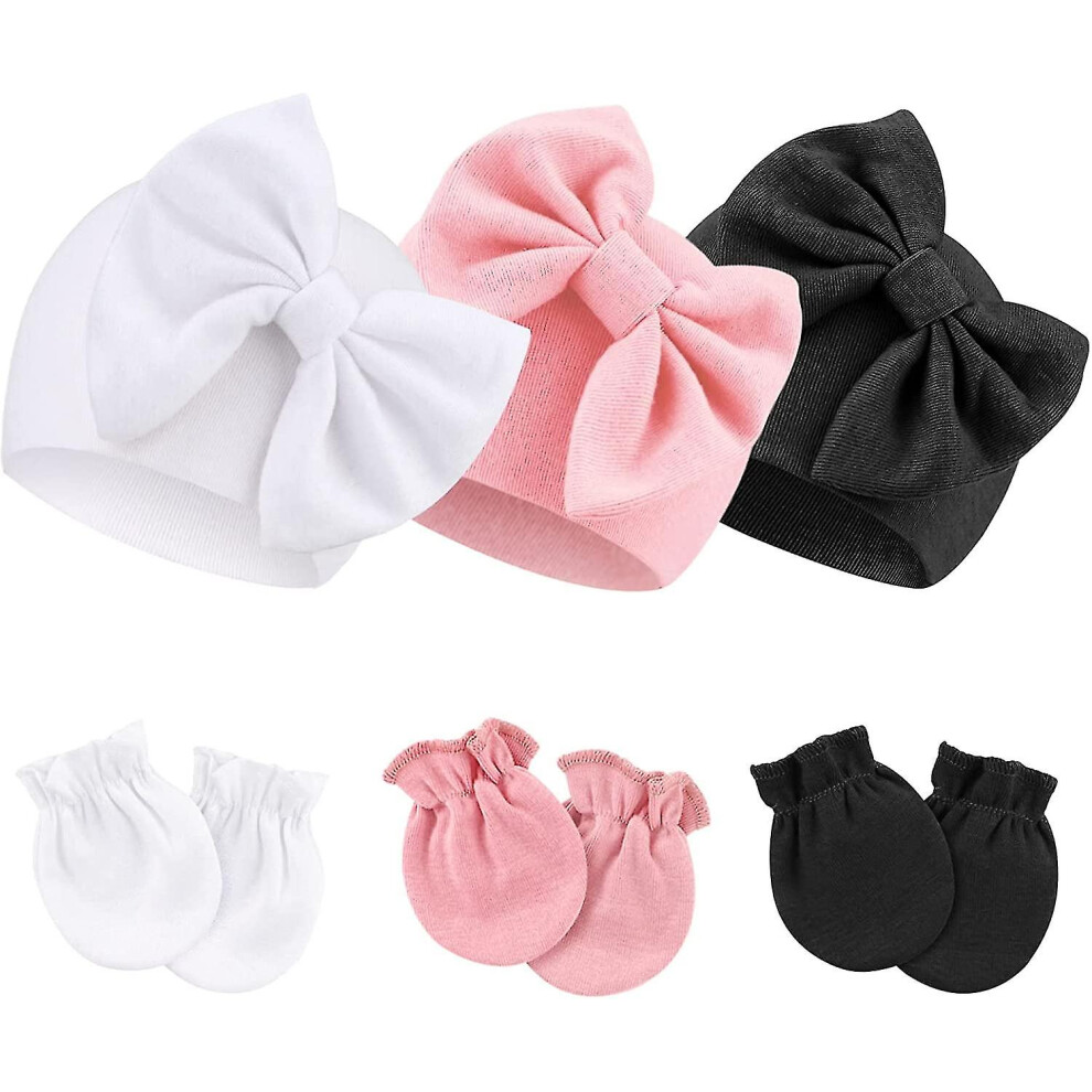 (style4) Newborn Baby Hats Mittens Set Hospital Hat Beanie Infant Bow Hats Baby Cotton