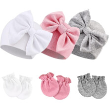(style15) Newborn Baby Hats Mittens Set Hospital Hat Beanie Infant Bow Hats Baby Cotton