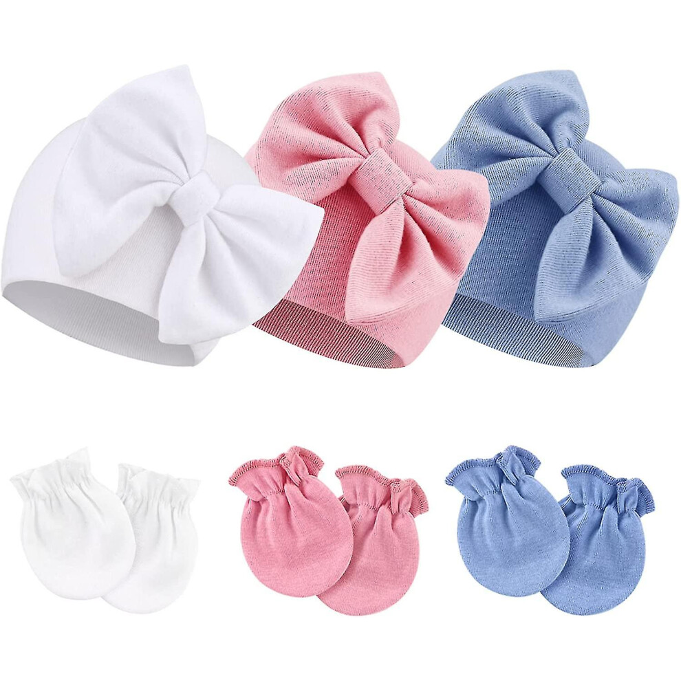 (style13) Newborn Baby Hats Mittens Set Hospital Hat Beanie Infant Bow Hats Baby Cotton