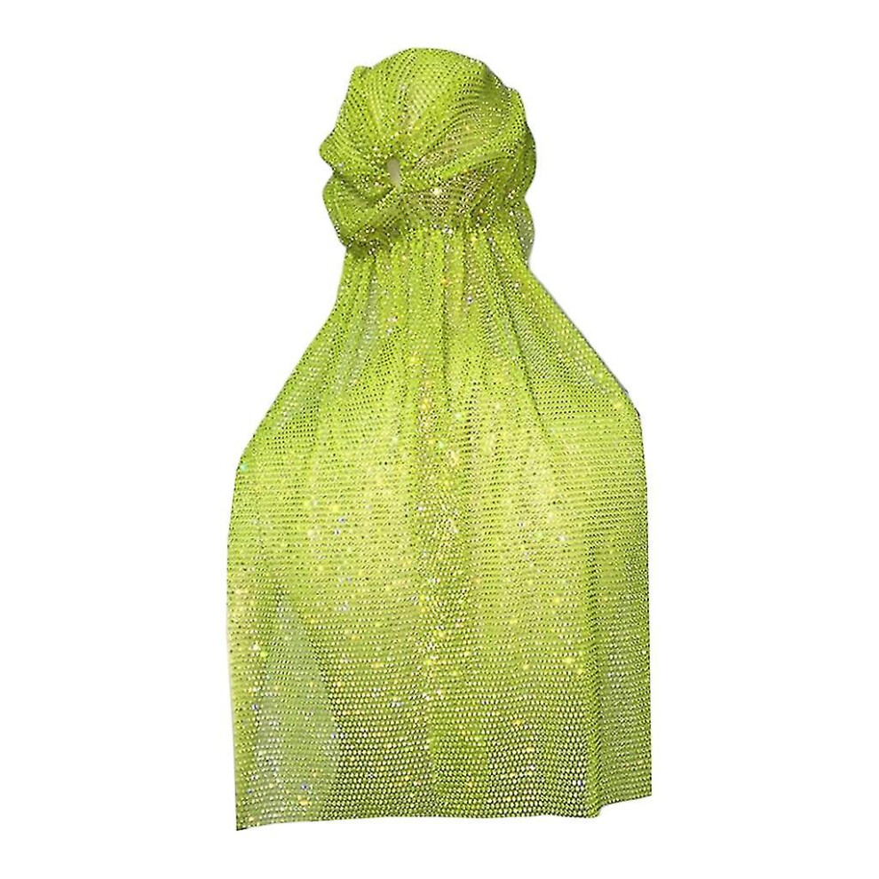 (Green Long) Bling Rhinestone Headscarf Fishnet Bandana Rhinestone Turban Hat Turban Headwrap 3018889094253