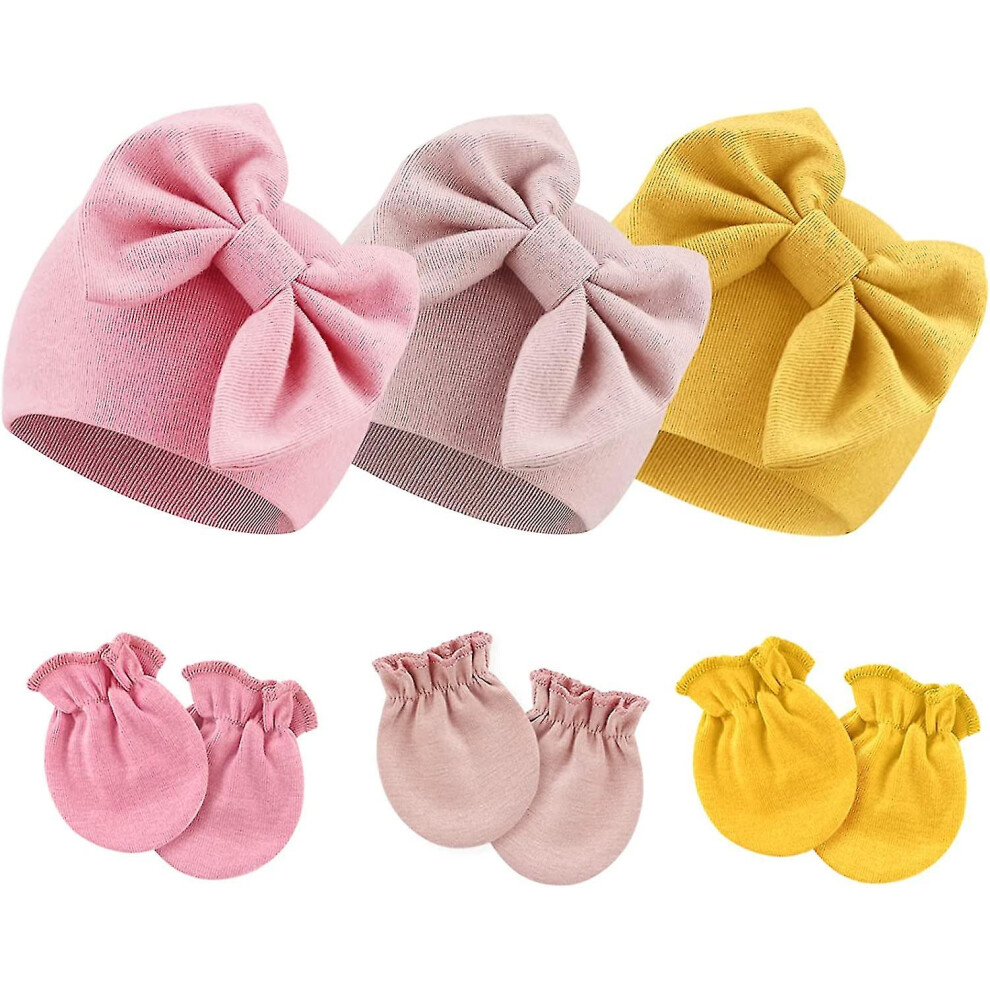 (style16) Newborn Baby Hats Mittens Set Hospital Hat Beanie Infant Bow Hats Baby Cotton