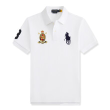 (White, XL) Large Crown Embroidery Men's Custom Fit Polo Shirt Cotton Short Sleeve Large Pony Polo Top