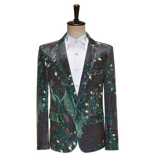 (L)Men's Peacock Printed Blazer Floral Suit Jacket