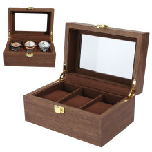 Wooden 3-Grid Watch Display Box with Transparent Window, Black Walnut
