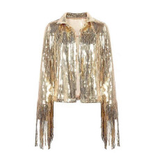 (M,golden)Women's Sequin Jacket Coat Sparkly Long Sleeve Tassel Blazer