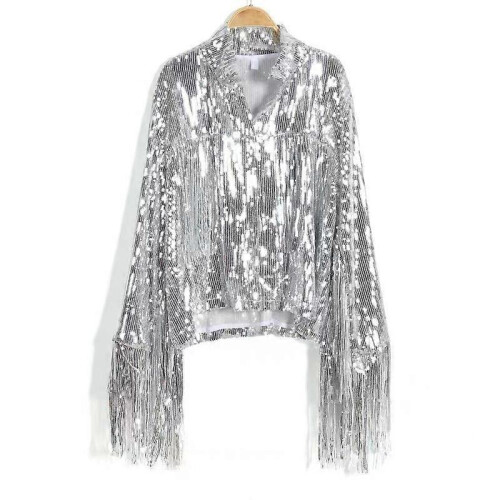 (M,silver)Women's Sequin Jacket Coat Sparkly Long Sleeve Tassel Blazer
