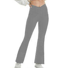 (Light Gray, M) Ladies Yoga Pants Solid Color Flared Leg Workout Pant Regular High Waist Leggings