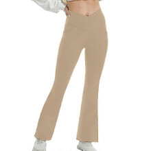 (Khaki, S) Ladies Yoga Pants Solid Color Flared Leg Workout Pant Regular High Waist Leggings