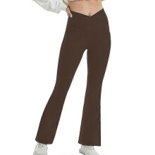 (Coffee, XL) Ladies Yoga Pants Solid Color Flared Leg Workout Pant Regular High Waist Leggings