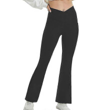 (Black, L) Ladies Yoga Pants Solid Color Flared Leg Workout Pant Regular High Waist Leggings