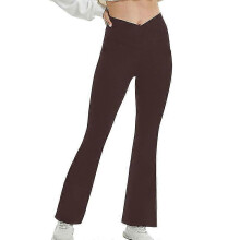 (Brown, 2XL) Ladies Yoga Pants Solid Color Flared Leg Workout Pant Regular High Waist Leggings
