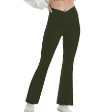 (Green, S) Ladies Yoga Pants Solid Color Flared Leg Workout Pant Regular High Waist Leggings