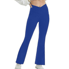 (Blue, 2XL) Ladies Yoga Pants Solid Color Flared Leg Workout Pant Regular High Waist Leggings