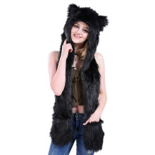 (Black)Plush Hooded Scarf Animal Paw Gloves