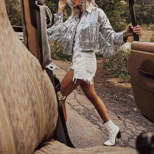 (S,silver)Women's Sequin Jacket Coat Sparkly Long Sleeve Tassel Blazer 2