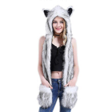 (Grey)Plush Hooded Scarf Animal Paw Gloves