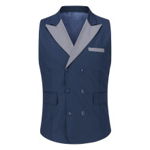 (Blue, M) Sliktaa Mens Business Suit Vest Color Block Peak Collar Slim Fit Waistcoat