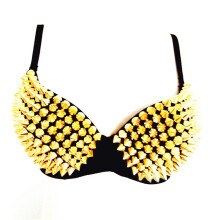 (Yellow, 80B) Women"s Punk Bra With Studs Rivet Rave Sport Bra Tops