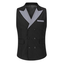 (Black, 2XL) Sliktaa Mens Business Suit Vest Color Block Peak Collar Slim Fit Waistcoat