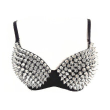 (Silver, 75B) Women"s Punk Bra With Studs Rivet Rave Sport Bra Tops