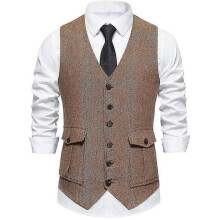 (L,Coffee)Men's Casual Single-breasted Suit Vest With Three-dimensional Pockets