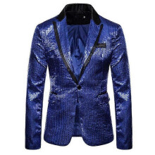 (L,dark blue)Men's Sequin Suit Jackets Party Blazers Dress
