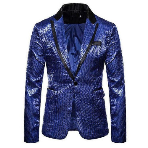 (L,dark blue)Men's Sequin Suit Jackets Party Blazers Dress