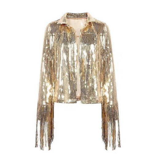 (M,golden)Women's Sequin Jacket Coat Sparkly Long Sleeve Tassel Blazer