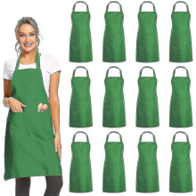 (Green) 12 Pack Solid Bib Aprons with 2 Pockets Unisex Commercial Aprons Bulk A - DD