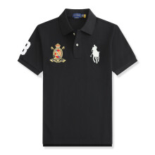 (Black, XL) Large Crown Embroidery Men's Custom Fit Polo Shirt Cotton Short Sleeve Large Pony Polo Top