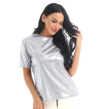 (silver, S) Shiny Metallic Crewneck Tees for Women