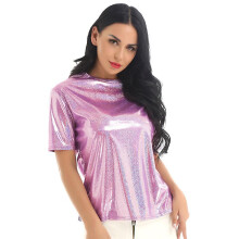 (pink, XL) Shiny Metallic Crewneck Tees for Women